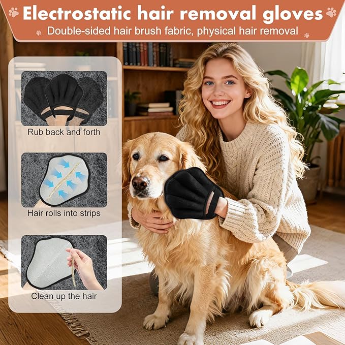 Pet Hair Removal Glove, Electrostatic Pet Hair Remover Glove for Cats & Dogs, Pet Hair Remover Tool for Laundry, Couch, Carpet, Car Seat - Upgraded Five-Finger, Reusable, Black+Black