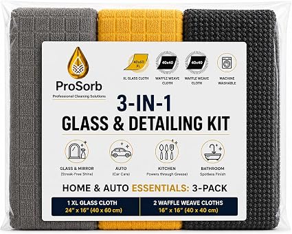 3-in-1 Microfiber Glass Cleaning Kit | 1 XL Glass Cleaning Cloth + 2 Waffle Weave Microfiber Cloths | Streak-Free & Lint