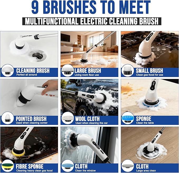 Electric Spin Scrubber Cordless Electric Cleaning Brush with LCD Power Display 9 Replaceable Heads Dual Speed IPX7 Waterproof Electric Scrubber for Cleaning Bathroom Tiles Floor Kitchen & Car