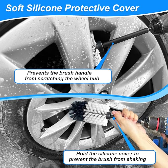 Wheel Brush Kit, Soft Drill Wheel Cleaner Brush, No Scratches Highly Dense Car Cleaning Brush Set for Wheels, Rims, Engines, Exhaust(White/Black,2Pcs)