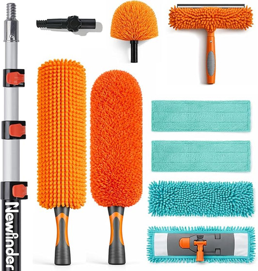 20ft High Ceiling Duster Kits with 4-12ft Heavy Duty Extension Pole, Ceiling Fan Duster, Cobweb Duster, Microfiber Duster, Window Squeegee & Cleaner, Wall Mop for Home & House Cleaning