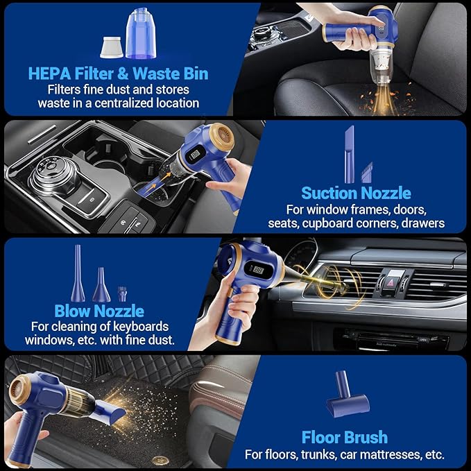 Car Vacuum Portable Cordless 17000Pa Mini Handheld Vacuums Blow and Suction with LCD Display and Multi-Nozzles, High Power for Car, Home, Office, Pet, Compact and Portable Design