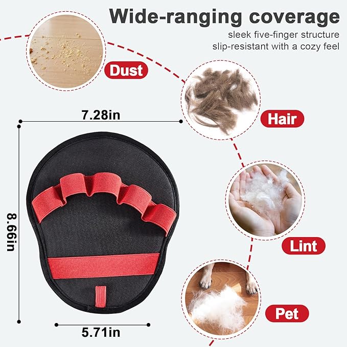 Lonfliness 2pcs Pet Hair Fur Removal Mitt Glove for Cats Dogs 5-Finger Electrostatic Reusable Pet Hair Remover Brush Tool for Couch Furniture Carpet Laundry Clothing (Red)