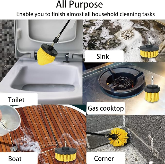 8 Pack Drill Brush Attachment Set, 1/4in Power Scrubber Brush + Extend Long Rod, Brush Drill Attachment, Power Cleaning Scrub Brush for Bathroom, Tub, Tile, Corner, Floor（Black）