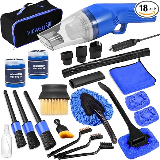 18PCS Car Cleaning Kit, Car Interior Detailing Kit with Blue High Power Handheld Vacuum, Detailing Brush Set, Windshield