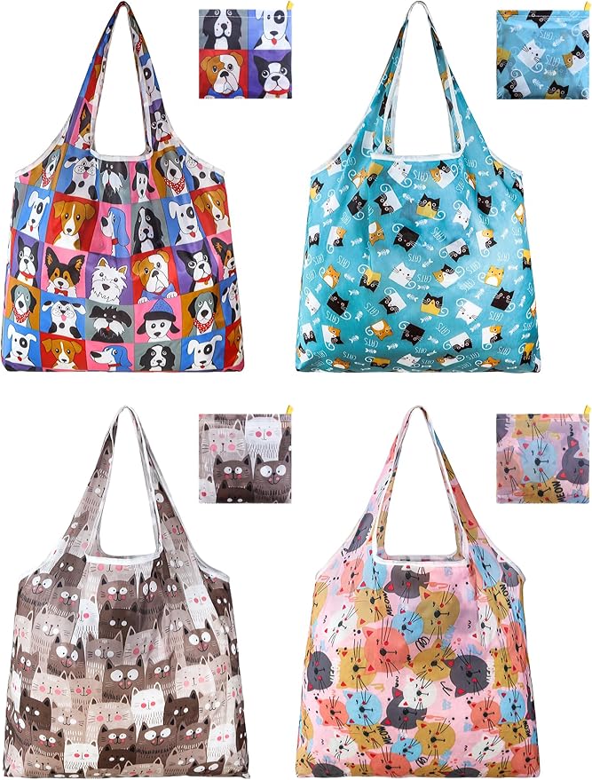 4 Pcs Reusable Grocery Bags, Foldable Shopping Bags Heavy Duty, Large Nano Bag Cute Tote Bag for Daily Shopping, Waterpr