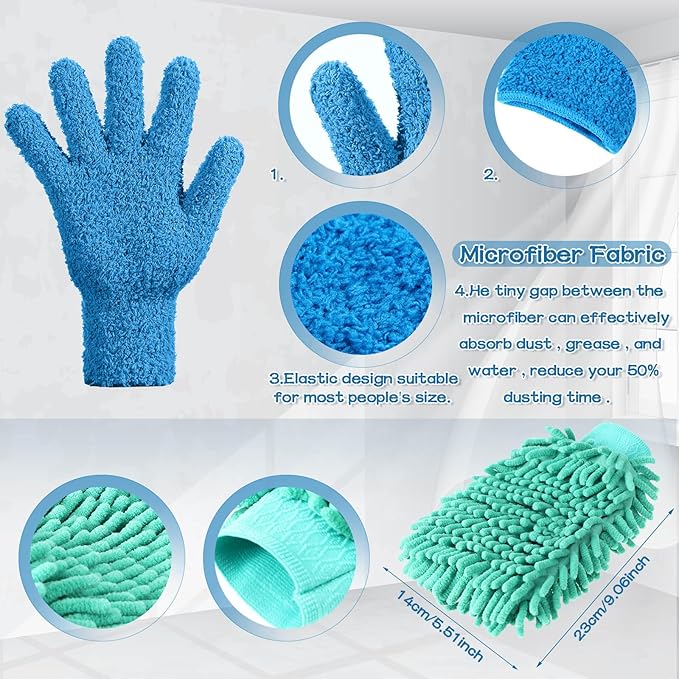 Potchen 6 Pcs Microfiber Dusting Mitt Gloves for Plants Washable Dusting Gloves for House Cleaning Furniture Car Washing