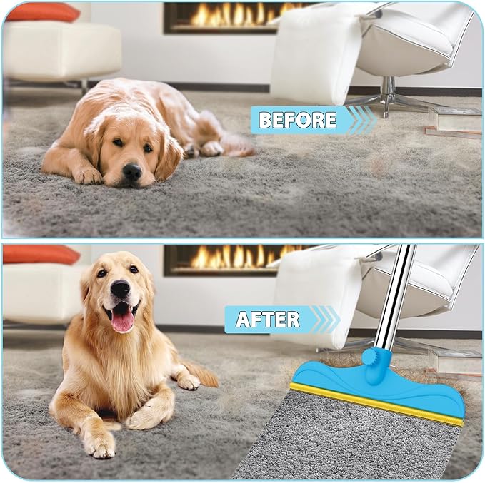 3 in 1 Carpet Rake for Pet Hair Removal, 60” Adjustable Long Handle Pet Hair Remover, Tool Set of 3, Reusable Carpet Scraper Dog Cat Pet Hair Removal Broom for Carpets, Car Mat, Pet Bed, Rugs