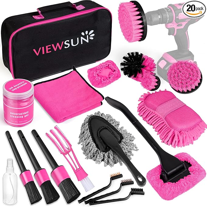 20PCS Car Cleaning Kit, Pink Car Interior Detailing Kit with Drill Brush Set, Windshield Cleaning Tool, Detailing Brushes, Wire Brushes, Cleaning Gel, Complete Cleaning Supplies for Women