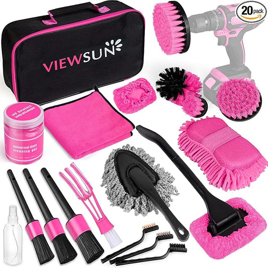 20PCS Car Cleaning Kit, Pink Car Interior Detailing Kit with Drill Brush Set, Windshield Cleaning Tool, Detailing Brushes, Wire Brushes, Cleaning Gel, Complete Cleaning Supplies for Women