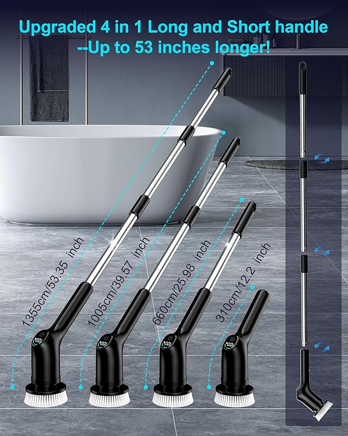 Shower Scrubber with Long Handle for Cleaning Bathroom, Electric Spin Scrubber Cleaning Brush with IPX7 Waterproof & 2Speed, 3Brush Heads, Bathroom Cleaning Supplies for Shower Tub Tile Toilet, Black