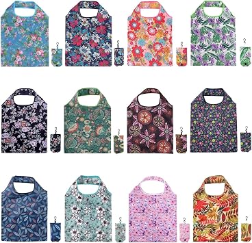 12 Pcs Reusable Floral Grocery Bags, Foldable Shopping Bags for Market