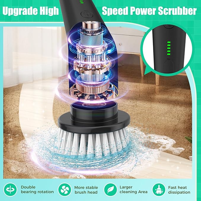 YKYI Electric Spin Scrubber, Cordless Power Scrubber Cleaning Tool with 8 Replaceable Heads and Extension Handle for Bathroom, Tub, Tile, Floor, Grout and Car (White)