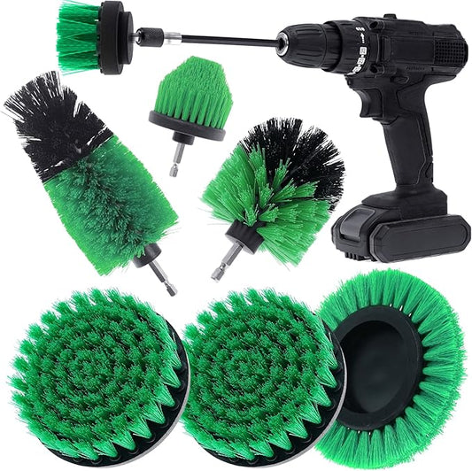 8 Pcs Drill Brush Attachment Set, Power Cleaning Scrub Brush Kit with Extend Long Attachment, All Purpose Drill Scrub Brushes for Car, Grout, Floor, Tub, Bathroom and Kitchen (Green)
