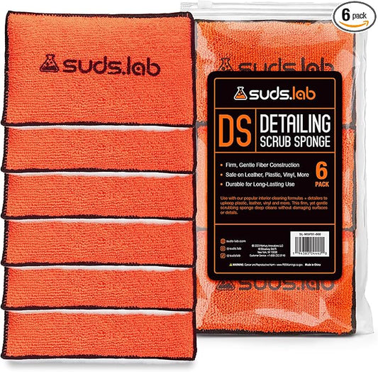Suds Lab DS Detailing Scrub Sponge – Microfiber Scrub Pad for Car Detailing, Two Textures for Polishing & Scrubbing, Durable & Absorbent, Multi-Surface Use, Washable & Reusable – 6 Pack, Orange