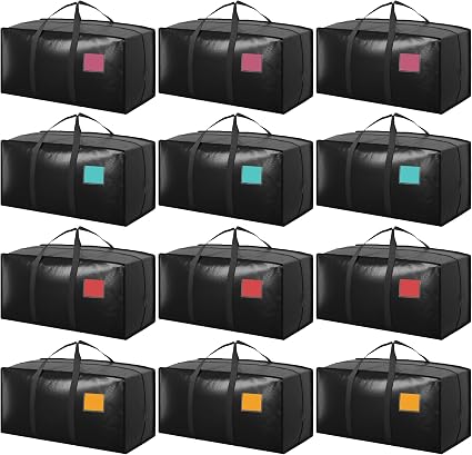 12 Pack Moving Bags with Full-Open Side Zipper, Extra Large 93L Heavy Duty Waterproof Foldable Storage Totes for College