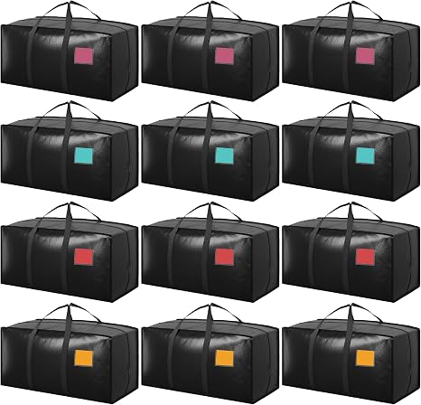 12 Pack Moving Bags with Full-Open Side Zipper, Extra Large 93L Heavy Duty Waterproof Foldable Storage Totes for College