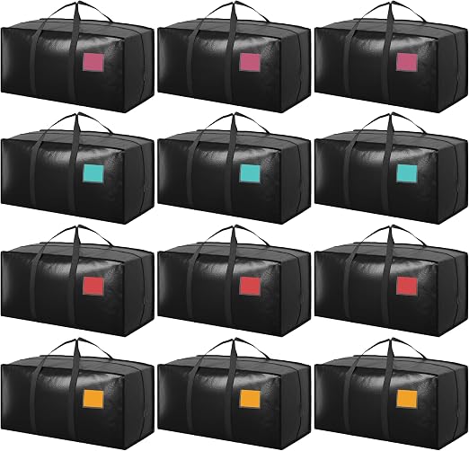 12 Pack Moving Bags with Full-Open Side Zipper, Extra Large 93L Heavy Duty Waterproof Foldable Storage Totes for College