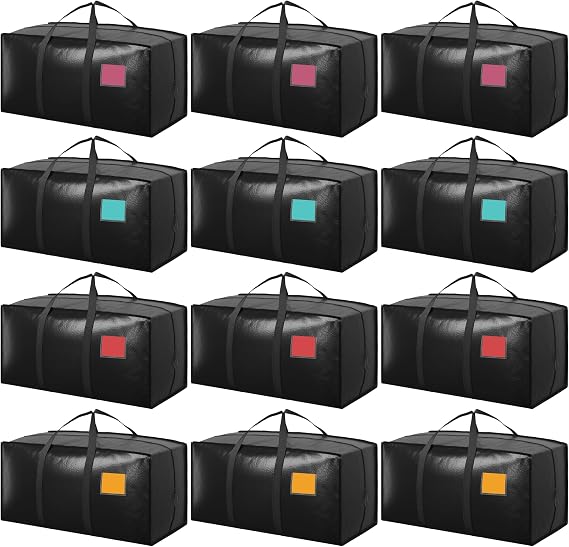 12 Pack Moving Bags with Full-Open Side Zipper, Extra Large 93L Heavy Duty Waterproof Foldable Storage Totes for College
