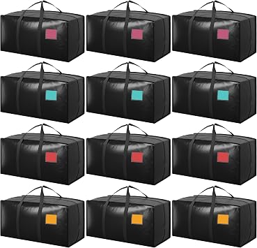 12 Pack Moving Bags with Full-Open Side Zipper, Extra Large 93L Heavy Duty Waterproof Foldable Storage Totes for College
