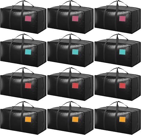 12 Pack Moving Bags with Full-Open Side Zipper, Extra Large 93L Heavy Duty Waterproof Foldable Storage Totes for College