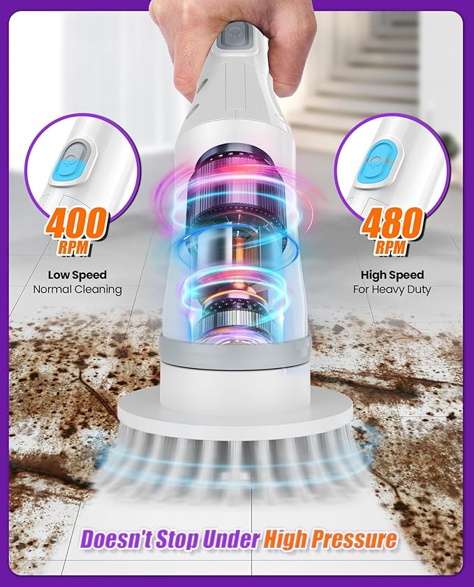 Electric Spin Scrubber, Cordless Floor Scrubber Machine with Interchangeable Cleaning Pads, IPX7 Waterproof 2-Speed Cleaning Pads for Bathroom, Kitchen, Tile, Tub and Floor Cleaning, White-qb2