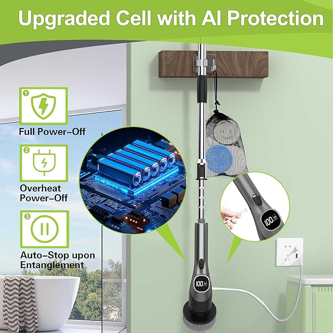 WKY-G3-Electric Spin Scrubber - Upgraded 10-in-1 IPX7 Waterproof Shower Cleaner Brush, Retractable Handle & 2-Speed for Toilet, Bathroom, Bathtub, Tile Floors Black