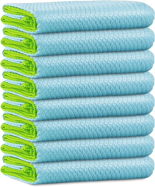 Microfiber Cleaning Cloth Lint Free Glass Cleaner Window Polishing Streak Free Miracle Easy Clean Rag Reusable for Mirror Kitchen Dish Auto Detailing,Pack of 8, 12'' x 16'', Light Blue