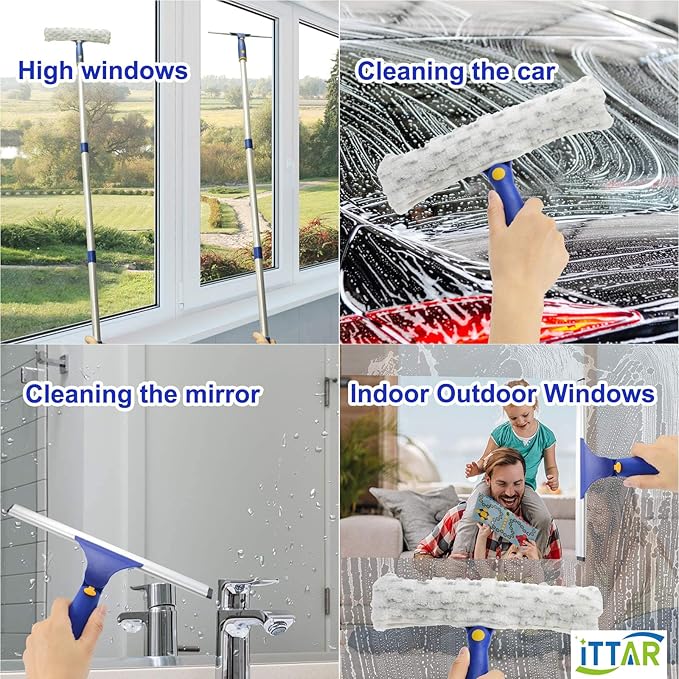 ITTAR Window Squeegee Cleaning Kit with 60 Inch Extension Pole, Glass Cleaner Tool 12" Rubber Blade & 2 Microfiber Pads, Window Washing Equipment for High Windows, Shower Doors, Car Windshield
