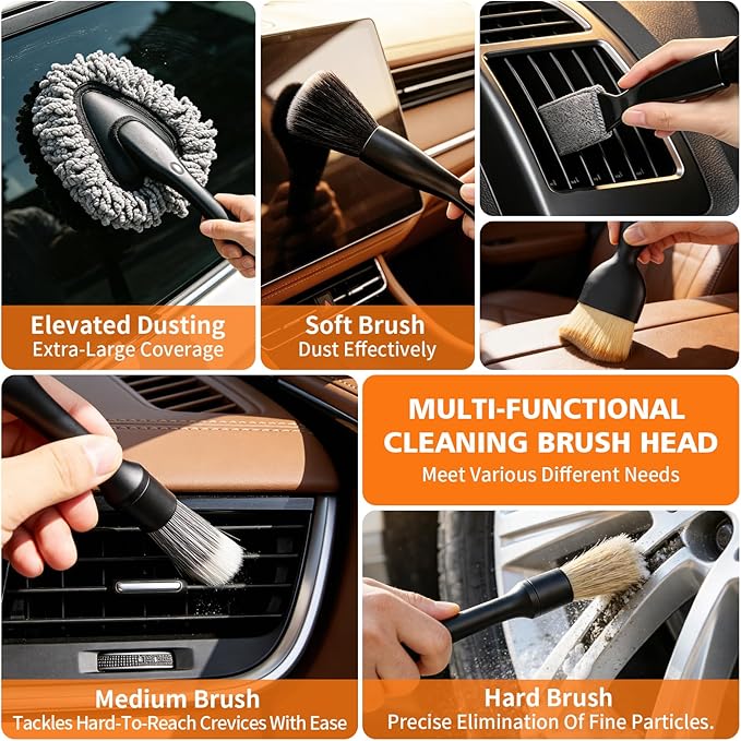 Car Detailing Brush Kit Interior & Exterior Cleaner, Ultra Soft Boars Hair Car Interior Detailing Brushes, 6 Different Detailing Brushes for Auto Detailing, Dashboard, Vents, Wheels and Tires