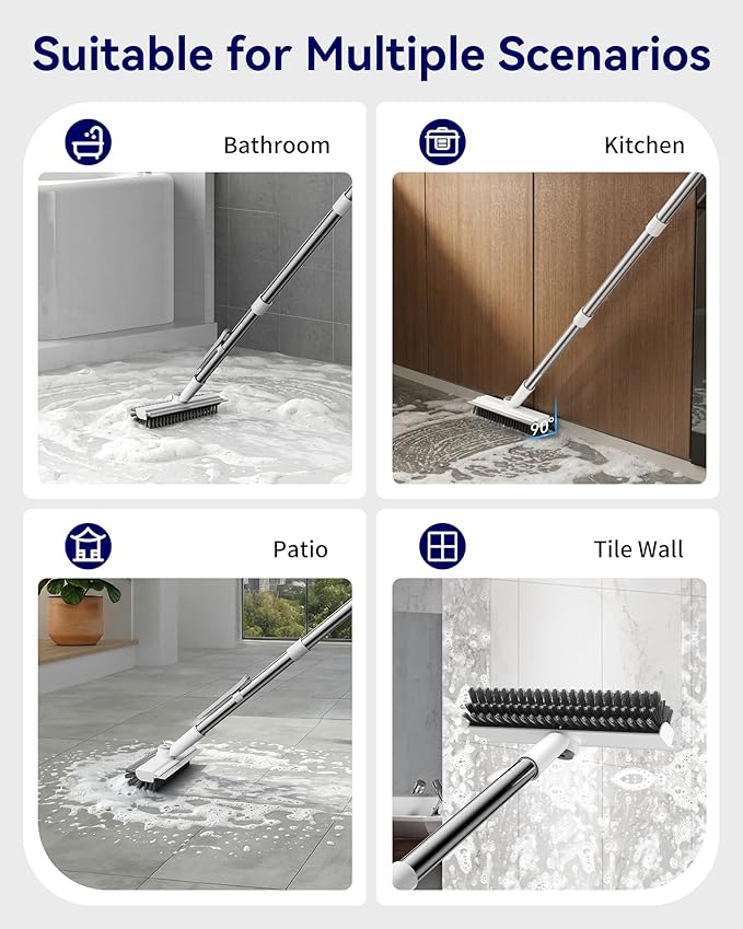 Small Floor Scrub Brush with Length Adjustable Long Handle, 3 in 1 Heavy-Duty Stiff Bristle Scrubber Brush with Squeegee and Tweezer for Cleaning Bathroom, Tile, Deck, Patio, Garage and Kitchen