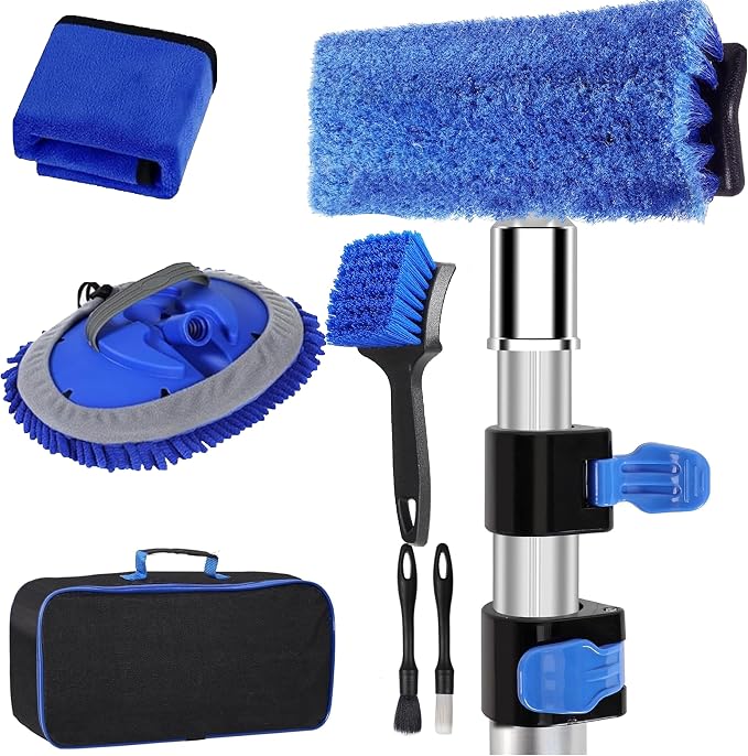 5-12ft Car Wash Kit,8 Piece,Thickened Aluminum Telescopic Rod,Cleaning Brush,Tire Brush,180 ° Chenille Mop,Fiber Towel,S