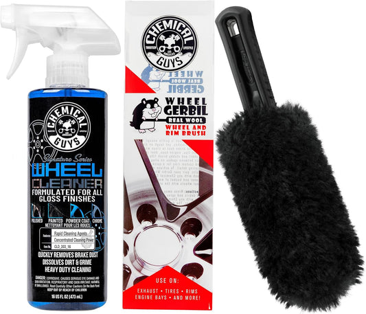 Chemical Guys CLD_203_16 Signature Series Wheel Cleaner For All Gloss Finishes, For Cars, Trucks, SUVs, & More 16 fl oz + Acc_B01 Gerbil Wheel Rim Brush (For Exhaust, Tires, Rims, Engine Bays, & More)