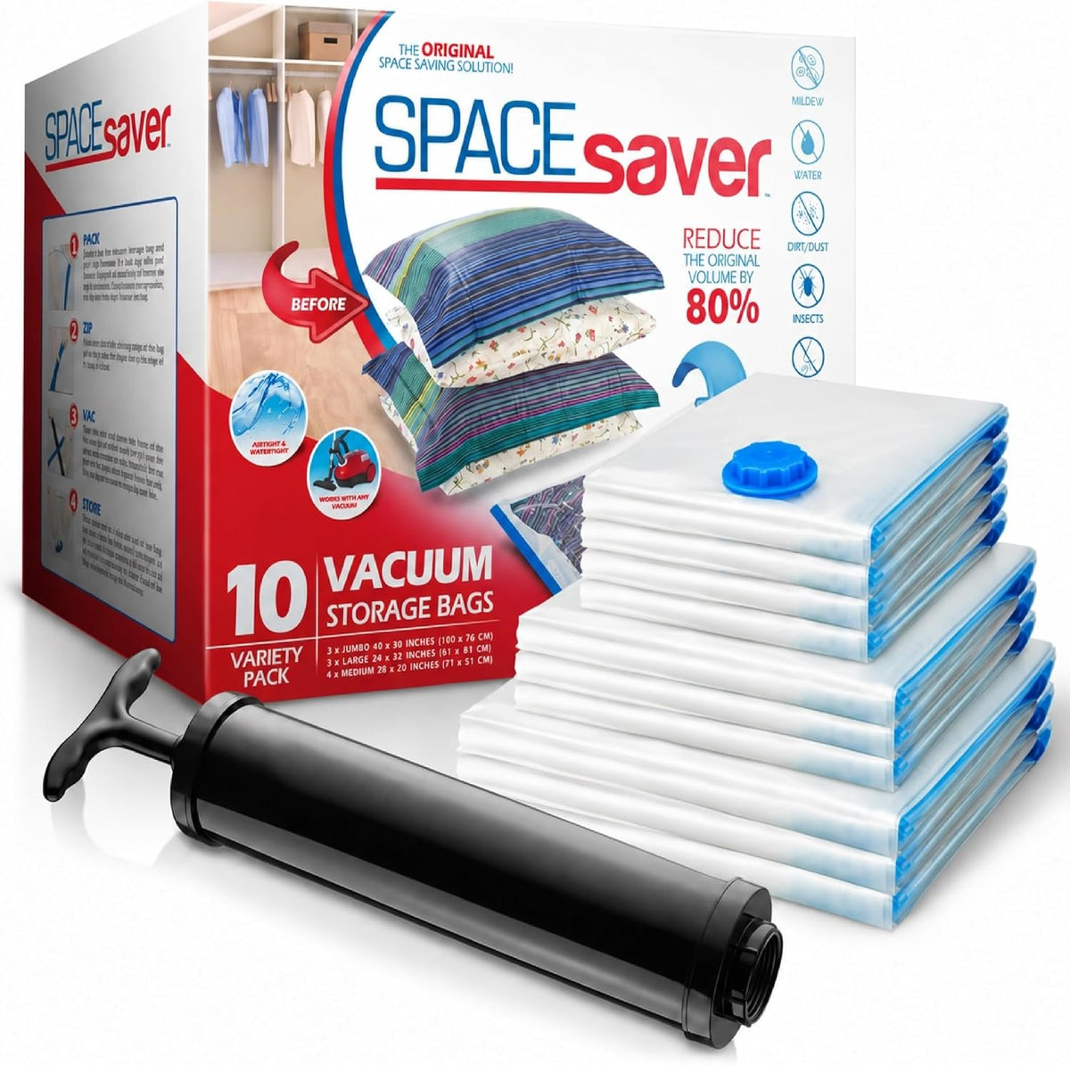 Vacuum Storage Bags with Hand Pump, Variety, 10 Pack