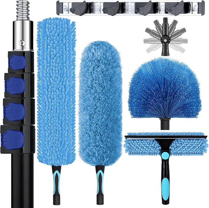 30ft High Ceiling Duster Kits with 5-24ft Heavy Duty Extension Pole - Fan Blade Cleaner, Cobweb Remover & Blue Window Squeegee Kit, Washable Dust Brush for High Roof and Glass Surfaces
