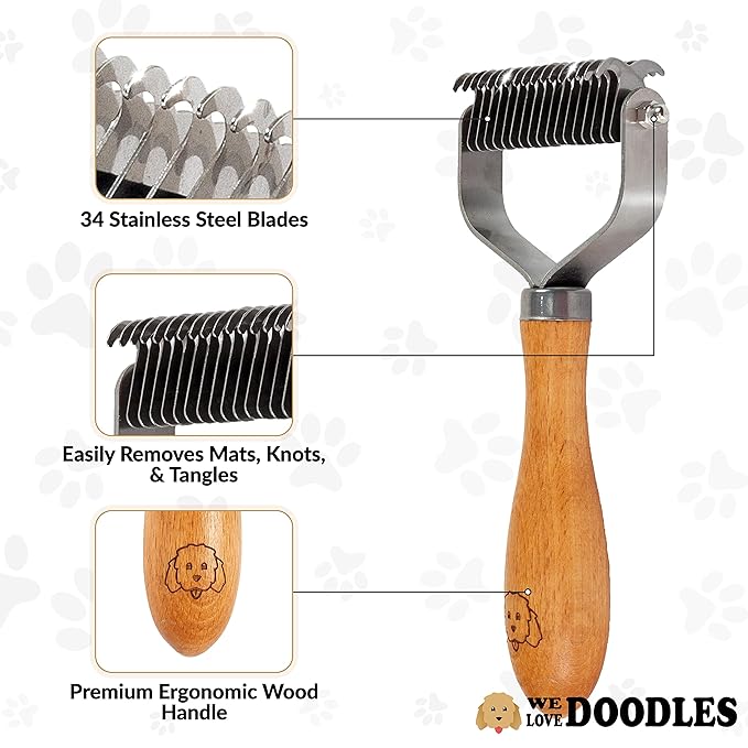 Pet Dematting Comb for Dogs and Cats with Wood Handle, Deshedding Undercoat Rake with Stainless Steel Blades, Pet Comb for Detangling Thinning and Shedding, All Hair Types [We Love Doodles]