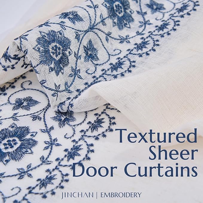 jinchan French Sheer Volie Door Curtain Embroidered Farmhouse Linen Curtain for Patio Door with Tie up Bows Light Filtering for Door Window Closet Rod Pocket 40 Inches 1 Panel Blue on Beige