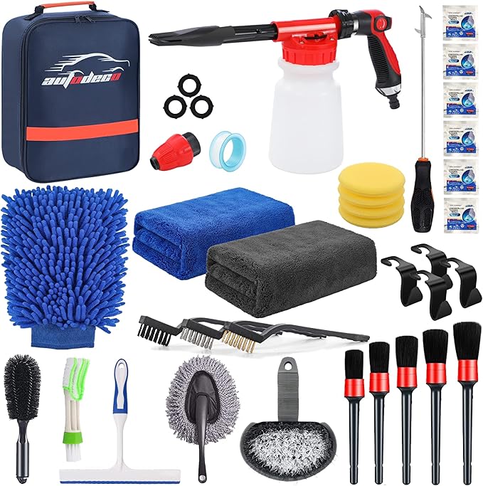 33Pcs Car Wash Detailing Kit Cleaning Kits with Foam Gun Sprayer Brush Large Wash Mitt Towels Complete Interior Exterior Car Washing Supply Set Blue