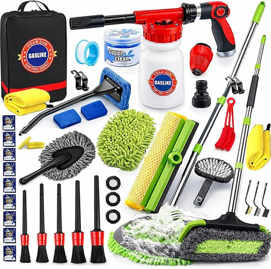 63PCS Car Wash Cleaning Kit,Car Wash Brush with Long Handle,Car Detailing Kit with Foam Gun,Car Cleaning Supplies,Handheld Vacuum, Car Detailing Kit (62PCS)