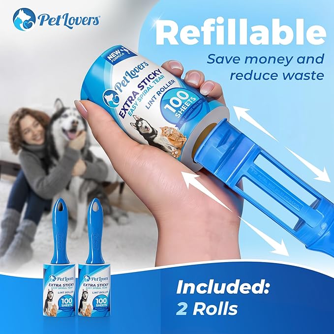 PetLovers Extra Sticky Lint Roller Value Set 200 Sheets for Pet Hair Removal, Dog and Cat Lint Remover 2 Pack