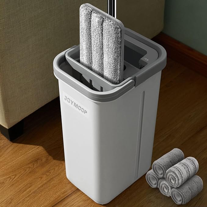 JOYMOOP Flat Mop System, Microfiber Mop and Bucket Set, White, Hands-Free Wet and Dry Floor Cleaning for Household and Commercial Use, Includes 5 Washable Pads