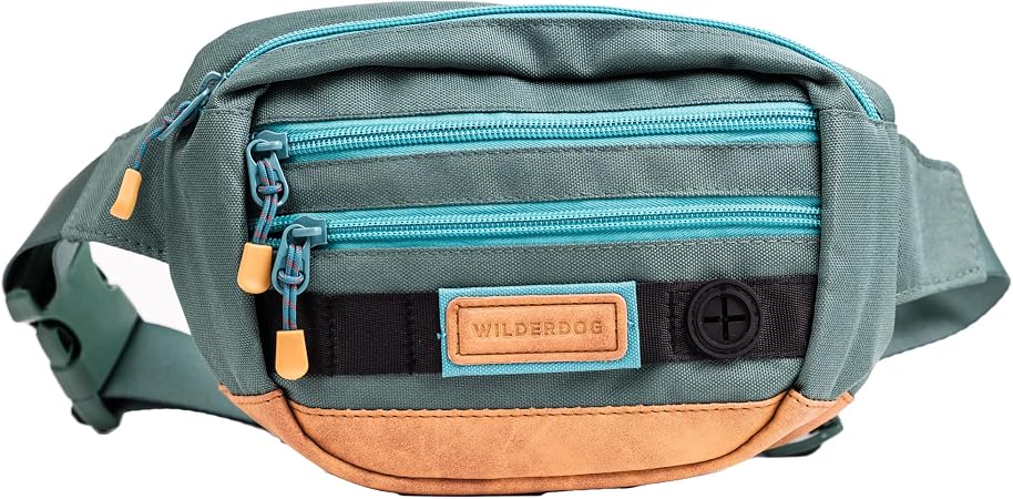 Wilderdog Utility Fanny Pack stores Treats, Balls, Keys in 3 Pockets with adjustable strap and Poop Bag dispenser (Everg