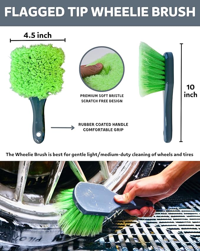 oesee Car Wheel Cleaning Kit: Wheel and Rim Flagged Tip Brush, Bendable Barrel Brush, Wheelie Mitt, Scratch-Free Detail Brush for Rims & Tires - Durable & Multipurpose Clean Wheel Hard to Reach Areas