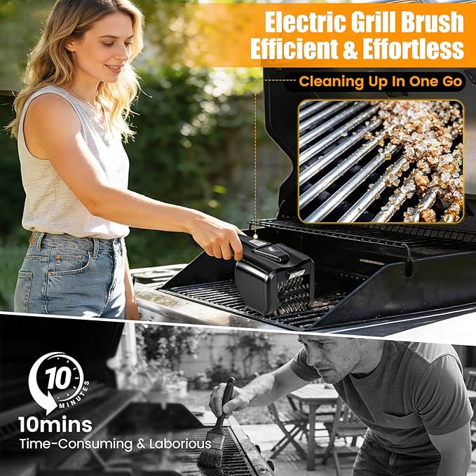Electric Grill Brush for Outdoor Grill,Electric Grill Cleaner with 800 RPM Motor,Stainless Steel No Shedding Bristle Head,Cordless & Type-C Rechargeable,4000mAh BBQ Grill Brush with LED Light