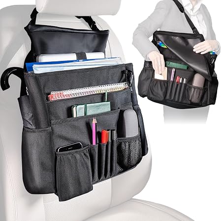 Front Seat Car Organizer with Cover and Laptop Storage - Back Seat or Passenger Car Organization with Adjustable Straps 