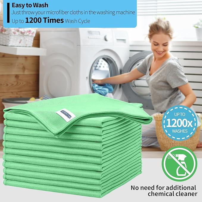 Microfiber Cleaning Cloth, 12 Pack Window Glasses Cleaning Cloth, Reusable Lint-Free Streak Free Polishing Cloth Wipes for Stainless Steel, Eyeglass, Mirror, Screen & Lense, Sage Green