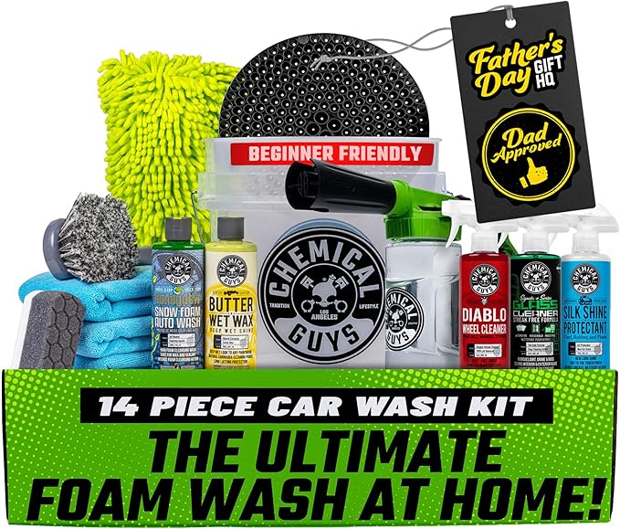 Chemical Guys Car Wash Kit 14-Pc Arsenal Builder - with Foam Blaster, Wash Bucket, Towels, Applicators, and 16 oz Soaps, Waxes, and Cleaners - Complete Car Detailing Gift Set, Works with Garden Hose