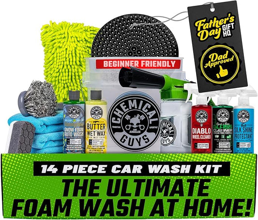 Chemical Guys Car Wash Kit 14-Pc Arsenal Builder - with Foam Blaster, Wash Bucket, Towels, Applicators, and 16 oz Soaps, Waxes, and Cleaners - Complete Car Detailing Gift Set, Works with Garden Hose