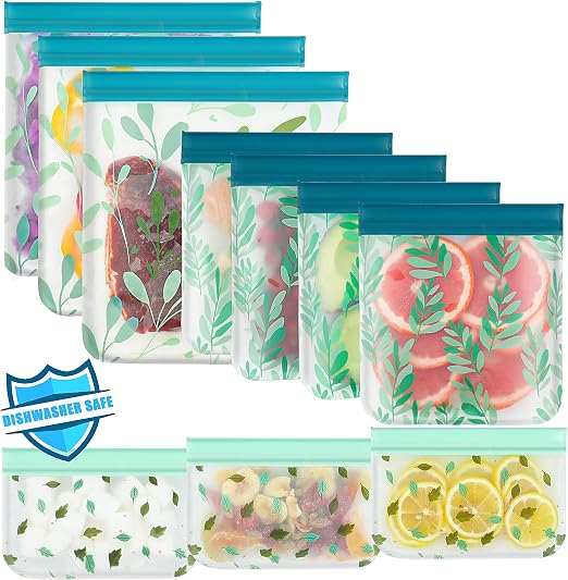 10 Pack Dishwasher Safe Reusable PEVA Food Storage Bags, Leak proof Reusable Freezer Bags for Food Storage Home Organiza