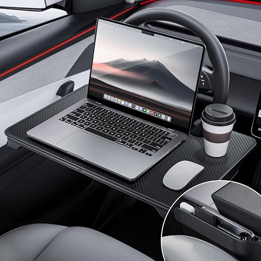 YONZEE 2-in-1 Car Steering Wheel Desk Tray & Car Seat Gap Filler Organizer – Foldable Carbon Fiber Look Table for Laptop